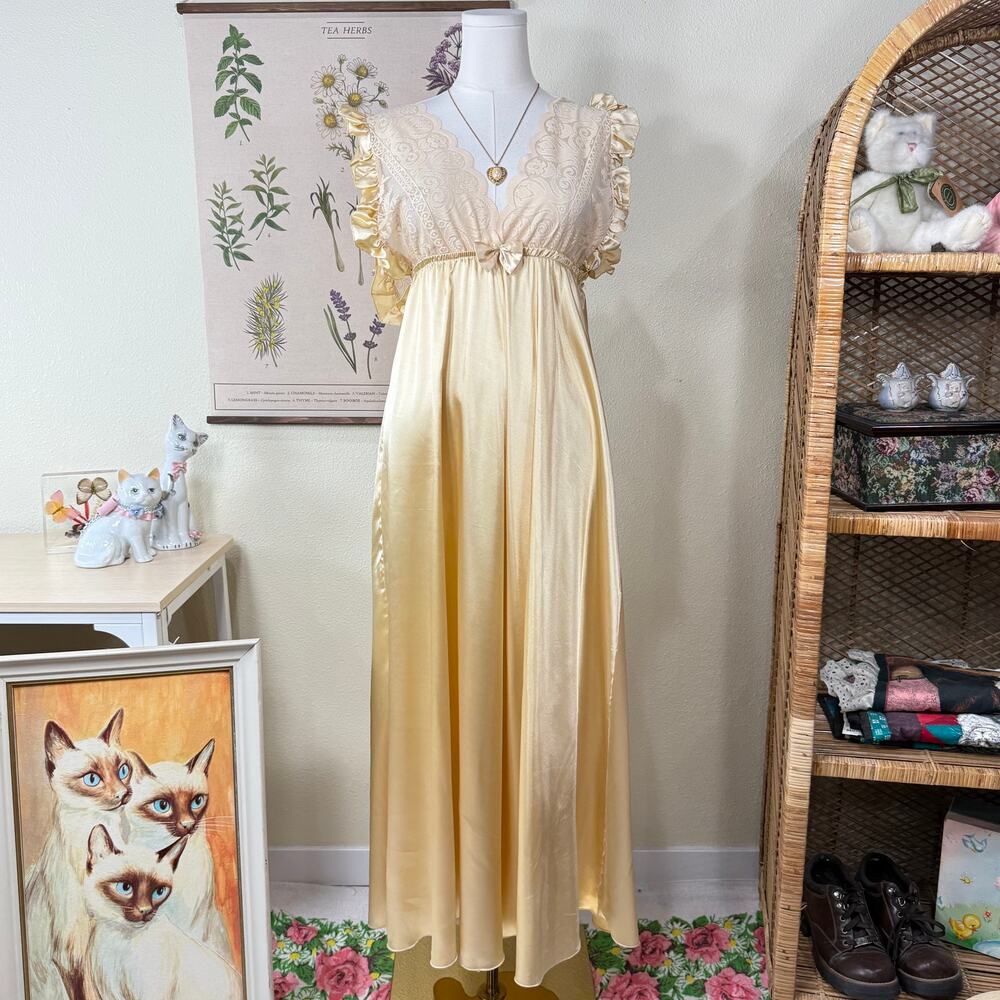 Vintage Satin Deep V Sheer Lace Maxi Nightgown Lingerie Coquette Romantic S M